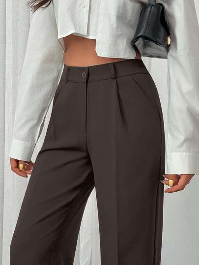 EURMUSE Petite Pantalones de talla pequeña con detalles de cinturón clásico, diseño de cintura alta, frente plisado, corte de pierna recta, marrón oscuro, elegante para oficina y negocios casual de otoño