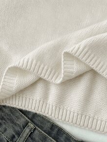 SHEIN 兒童與青少年女孩秋冬新款奶油白V領休閒燈籠袖短袖純色長袖針織毛衣，多功能，返校季 - 白色 - 查看 8