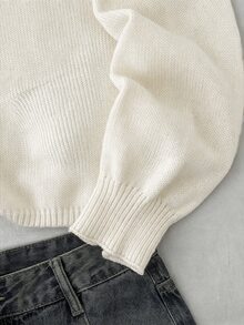 SHEIN 兒童與青少年女孩秋冬新款奶油白V領休閒燈籠袖短袖純色長袖針織毛衣，多功能，返校季 - 白色 - 查看 7