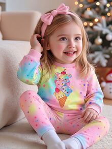 2pcs/Set Toddler Girls Sweet Cute Cartoon Stacked Bear Ice Cream Pattern Colorful Star Dot Gradient Tie-Dye Regular Long Sleeve Thermal Lined Thick Pullover Crew Neck Sweatshirt & Leggings Set, Suitable For Daily Wear In Autumn/Winter - Multicolor - View 7