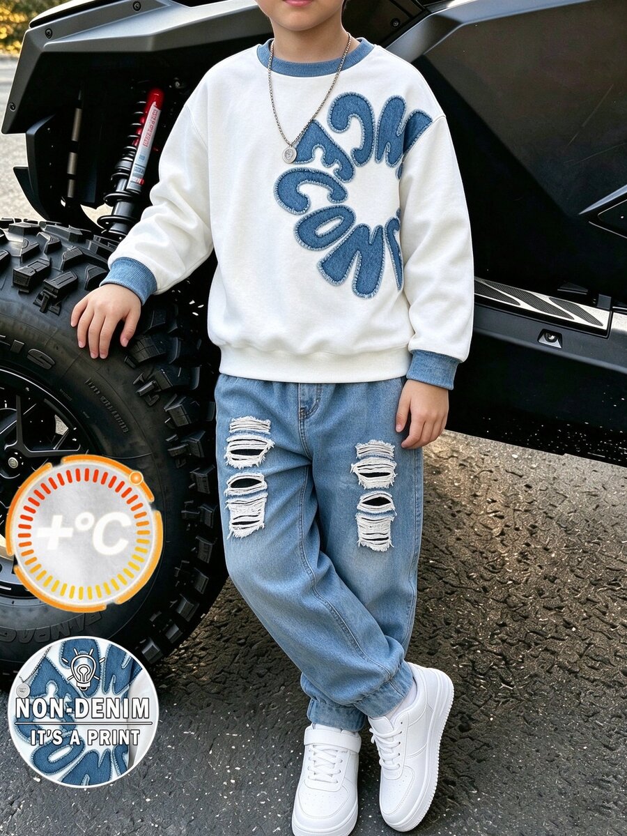 青少年男孩休閒運動街頭風圖案極簡毛邊字母花卉印花衛衣運動長褲兩件套 白色淺藍色 校園秋季 - 彩色 - 查看 1