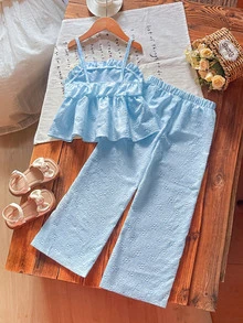 SHEIN 少女夏季可愛清新兩件套，3D蝴蝶結洋裝風細肩帶上衣 + 寬鬆直筒寬腿褲，適合日常穿著、旅行、度假、派對、聚會 - 藍色 - 查看 3