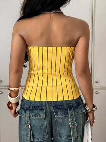 Maweii Plus Size Women's Sexy Streetwear Strapless Button Yellow Striped Letter Print High Elasticity Elegant Top Daily Commute Party Going Out Summer - Yellow - View 2