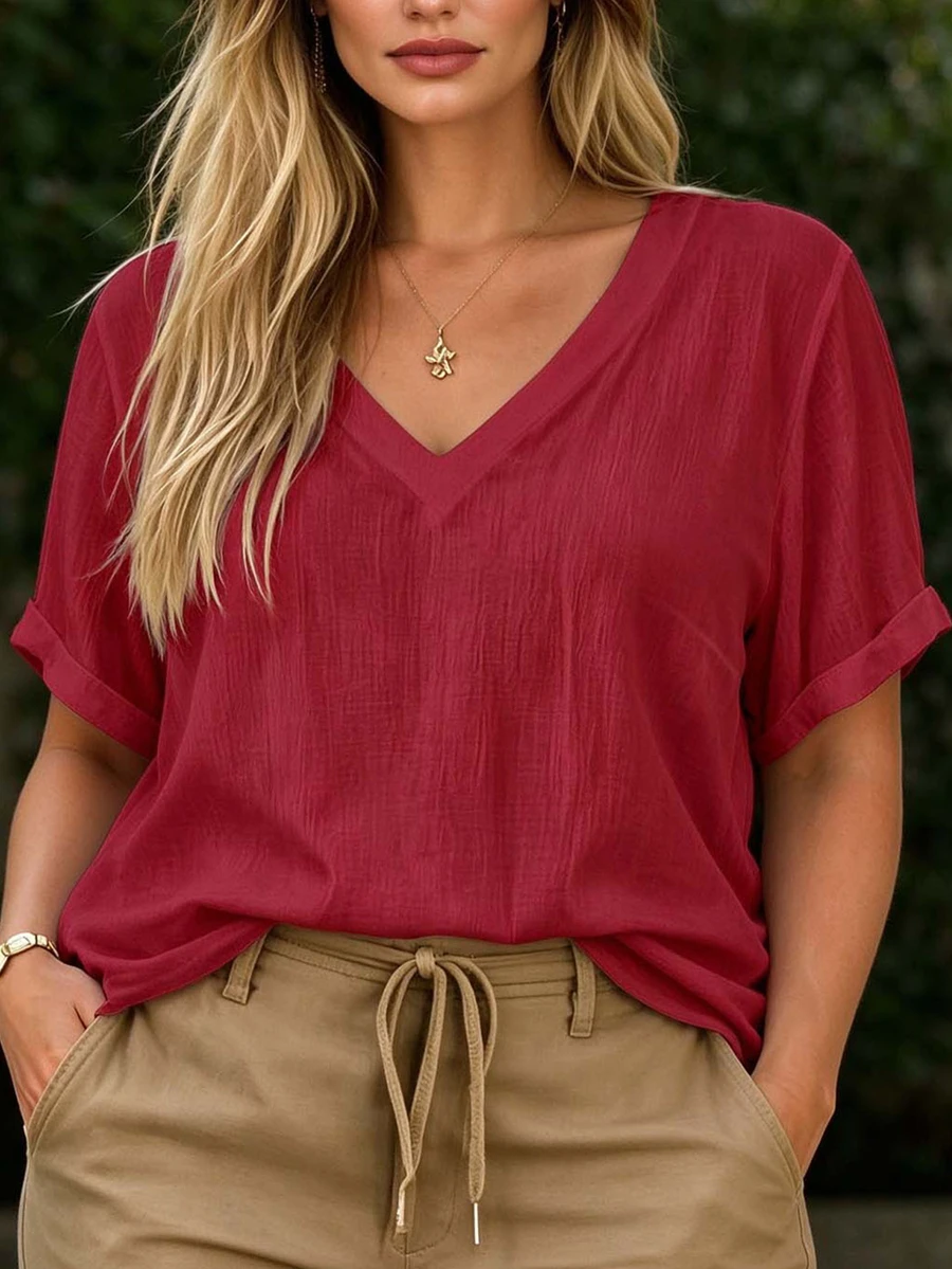 SHEIN LUNE CURVE Plus Size Comfortable Elegant Slimming Commuter V-Neck Versatile Summer Design Top Flattering Everyday Short Sleeve - Burgundy - View 1