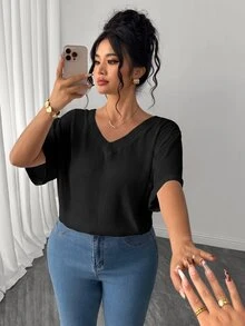 Linhara CURVE Plus Size Comfortable Elegant Slimming Commuter V-Neck Versatile Summer Design Top Concealing Flaws Daily Short Sleeve - Black - View 4