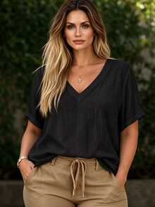 Linhara CURVE Plus Size Comfortable Elegant Slimming Commuter V-Neck Versatile Summer Design Top Concealing Flaws Daily Short Sleeve - Black - View 1