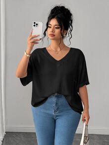 Linhara CURVE Plus Size Comfortable Elegant Slimming Commuter V-Neck Versatile Summer Design Top Concealing Flaws Daily Short Sleeve - Black - View 5