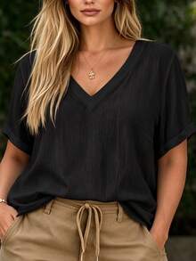 Linhara CURVE Plus Size Comfortable Elegant Slimming Commuter V-Neck Versatile Summer Design Top Concealing Flaws Daily Short Sleeve - Black - View 3