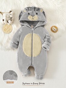 Cozy Pixies 男嬰卡通獅子圖案保暖內裡加厚連帽拉鍊長袖連身冬裝褲，百搭舒適 - 灰色 - 查看 8