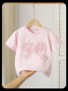 Genkimix Kids Young Girls Cute, Elegant Bow-Knot Design 3D Beaded Craft Casual T-Shirt - Pink - View 2