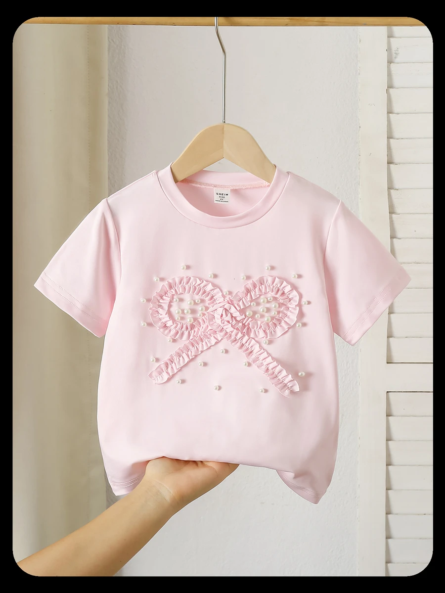 Genkimix Kids Young Girls Cute, Elegant Bow-Knot Design 3D Beaded Craft Casual T-Shirt