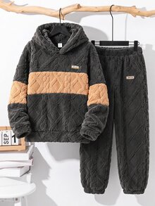 SHEIN 大童男孩秋季 2 件套套裝，拼色紋理抓絨內裡連帽衛衣與慢跑褲套裝，保暖冬季運動休閒服，深灰色 - 深灰色 - 查看 7
