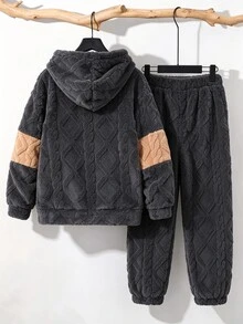 SHEIN 大童男孩秋季 2 件套套裝，拼色紋理抓絨內裡連帽衛衣與慢跑褲套裝，保暖冬季運動休閒服，深灰色 - 深灰色 - 查看 3
