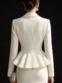 SHEIN Women's Fall/Winter Cream Lapel Button Tweed Peplum Top, Long-Sleeve Waisted Flounce Hem Tweed Jacket,Sophisticated Occasion Wear For Business Commute - Apricot - View 2
