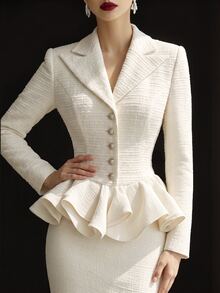 SHEIN Women's Fall/Winter Cream Lapel Button Tweed Peplum Top, Long-Sleeve Waisted Flounce Hem Tweed Jacket,Sophisticated Occasion Wear For Business Commute - Apricot - View 6