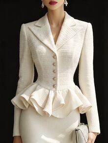 SHEIN Women's Fall/Winter Cream Lapel Button Tweed Peplum Top, Long-Sleeve Waisted Flounce Hem Tweed Jacket,Sophisticated Occasion Wear For Business Commute - Apricot - View 3