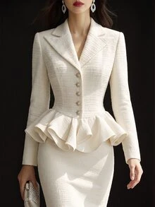 SHEIN Women's Fall/Winter Cream Lapel Button Tweed Peplum Top, Long-Sleeve Waisted Flounce Hem Tweed Jacket,Sophisticated Occasion Wear For Business Commute - Apricot - View 4