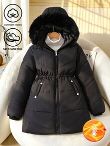SHEIN 女童黑色中長款填充外套，可愛蓬鬆毛領連帽，收腰修身剪裁，寬鬆不臃腫，簡約俐落，適合冬季上學與外出 - 黑色 - 查看 3
