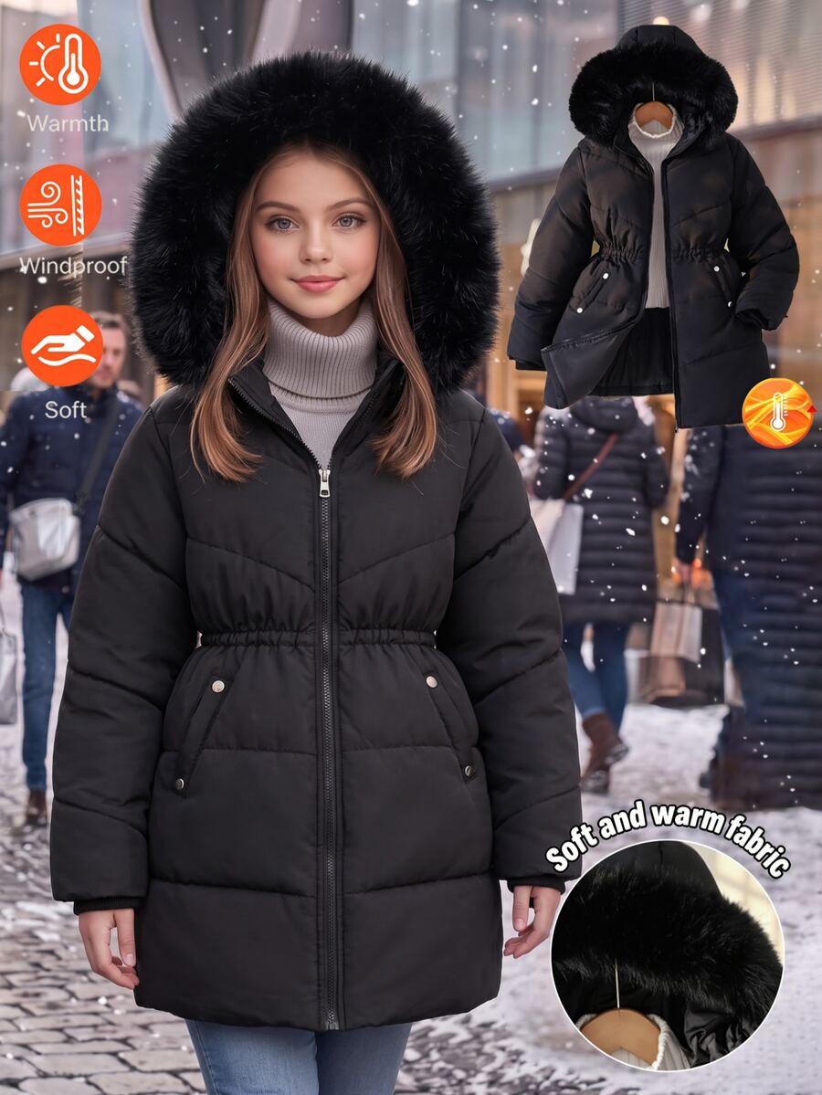 SHEIN 女童黑色中長款填充外套,可愛蓬鬆毛領連帽,收腰修身剪裁,寬鬆不臃腫,簡約俐落,適合冬季上學與外出 - 黑色 - 查看 1