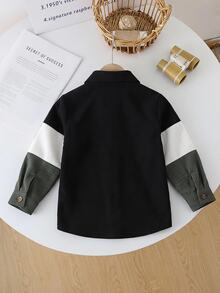 SHEIN 男童拼色燈芯絨鈕扣襯衫外套，休閒長袖襯衫夾克 - 綠色 - 查看 3
