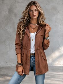 SHEIN Women's Fall/ Faux Suede Solid Color Elegant Simple Drawstring Hooded Jacket, Casual Everyday Thanksgiving Everyday Travel Brown Daytime - Brown - View 1