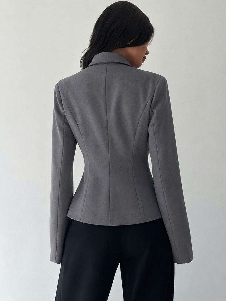 Modelyn Spring/Autumn Elegant Waist-Cinching Lapel Single-Button Slimming Commuter Daily Versatile Fashionable Office Chic Women's Blazer - Dark Grey - View 2