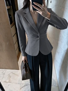 Modelyn Women Spring Fall Elegant Slim Fit Grey Lapel Single Button Waist Pleated Fitted Long Sleeve Blazer Short Jacket For Work Office And Visiting - Dark Grey - View 5
