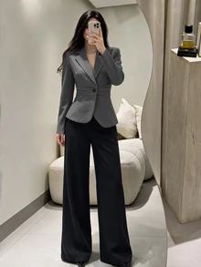 Modelyn Women Spring Fall Elegant Slim Fit Grey Lapel Single Button Waist Pleated Fitted Long Sleeve Blazer Short Jacket For Work Office And Visiting - Dark Grey - View 4