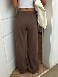 SHEIN EZwear 女款純色抽繩彈性腰休閒日常百搭寬鬆運動長褲 機場風 深棕色 秋季 - 棕色 - 查看 2