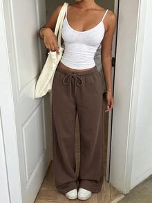 SHEIN EZwear 女款純色抽繩彈性腰休閒日常百搭寬鬆運動長褲 機場風 深棕色 秋季 - 棕色 - 查看 4