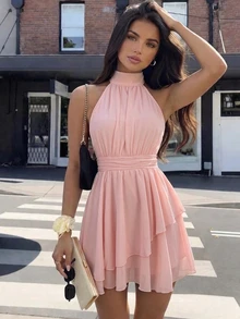 SHEIN PariChic 女士优雅浪漫粉色褶皱露背不对称下摆飘逸雪纺收腰连衣裙，适合约会、度假、日常穿着、生日派对、婚礼宾客等场合，柔软俏皮的短款连衣裙 - 粉色 - 查看 5