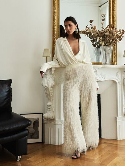 KSTM Wide Leg Feather Fringe Dress Pants High Rise Full Length Luxury Evening Party Holiday Occasion Trousers