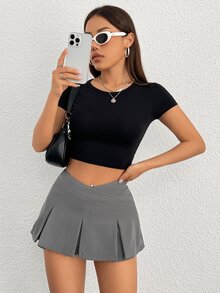 SHEIN PETITE 女款純色V型腰頭百褶迷你裙，適合嬌小女性 - 灰色 - 查看 4