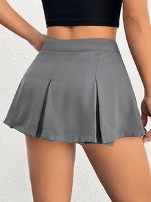 SHEIN PETITE 女款純色V型腰頭百褶迷你裙，適合嬌小女性 - 灰色 - 查看 2