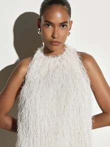 KSTM Feathered Fringe Halter Mini Dress Open Back Shift Silhouette Fluffy Texture Party New Year Eve Night Out - Khaki - View 5