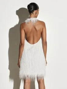 KSTM Feathered Fringe Halter Mini Dress Open Back Shift Silhouette Fluffy Texture Party New Year Eve Night Out - Khaki - View 2
