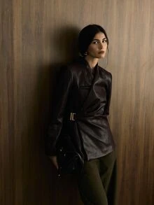 KSTM Faux Leather Wrap Blazer With Belted Waist Ruched Detail Long Sleeve Collarless Fitted Jacket Fall Winter - Burgundy - View 1