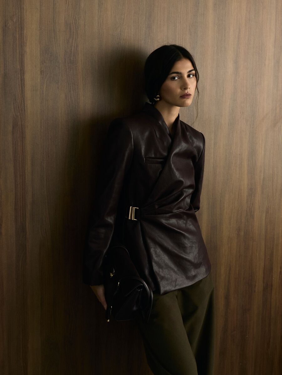 KSTM Faux Leather Wrap Blazer With Belted Waist Ruched Detail Long Sleeve Collarless Fitted Jacket Fall Winter - Burgundy - View 1