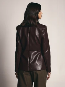 KSTM Faux Leather Wrap Blazer With Belted Waist Ruched Detail Long Sleeve Collarless Fitted Jacket Fall Winter - Burgundy - View 2
