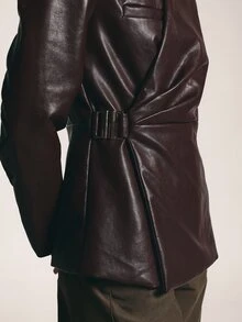 KSTM Faux Leather Wrap Blazer With Belted Waist Ruched Detail Long Sleeve Collarless Fitted Jacket Fall Winter - Burgundy - View 5