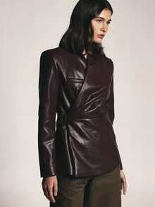 KSTM Faux Leather Wrap Blazer With Belted Waist Ruched Detail Long Sleeve Collarless Fitted Jacket Fall Winter - Burgundy - View 6