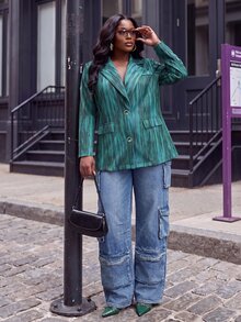 Slaydiva Áo khoác blazer size lớn họa tiết vân nổi, cổ ve, tay dài - màu xanh lá - Xem 8