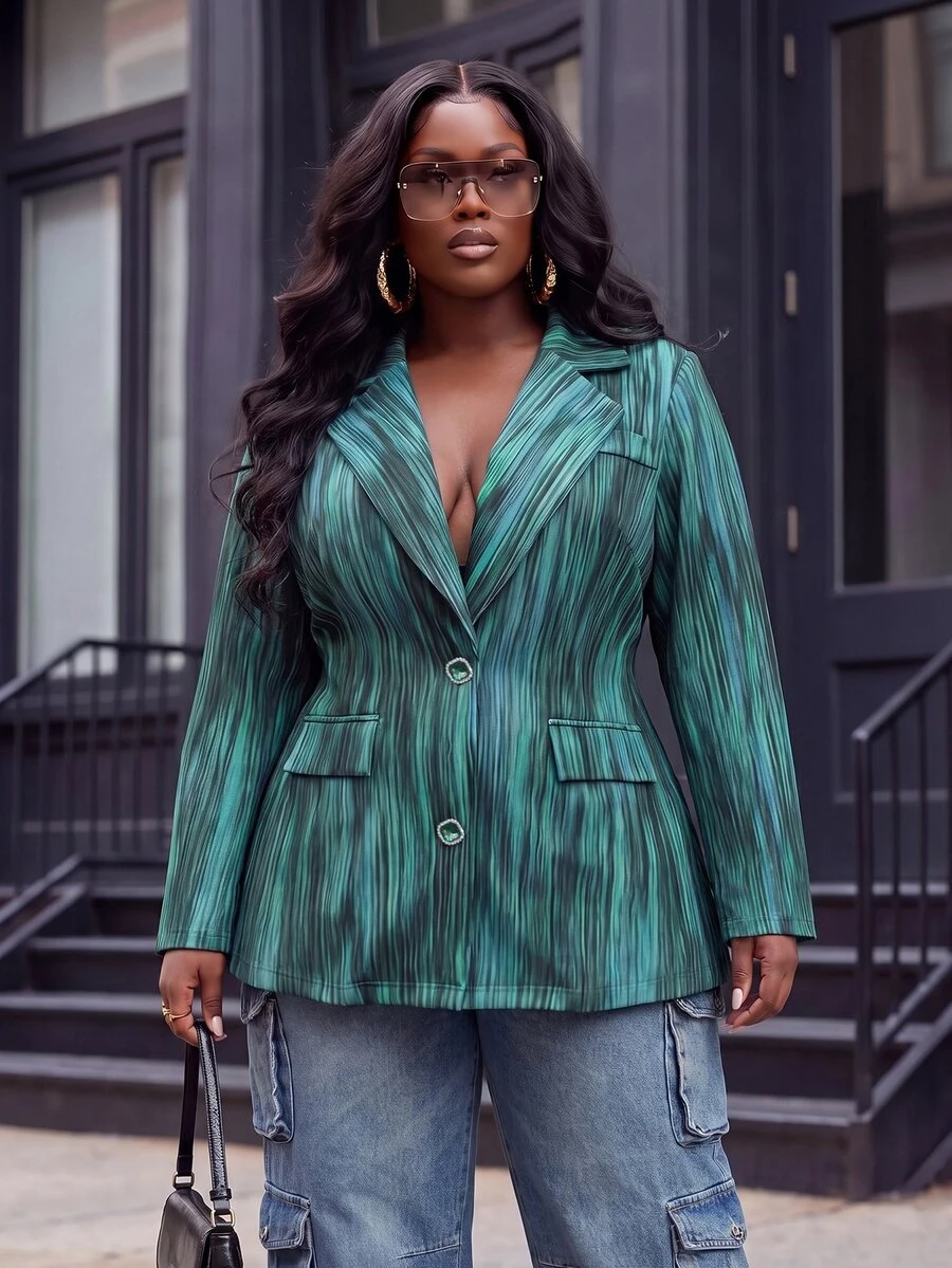 Slaydiva Áo khoác blazer size lớn họa tiết vân nổi, cổ ve, tay dài