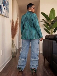 Slaydiva Áo khoác blazer size lớn họa tiết vân nổi, cổ ve, tay dài - màu xanh lá - Xem 3