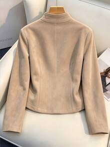 SHEIN Franclia 女款素色時尚百搭長袖夾克 米色 辦公通勤 秋季優雅 - 棕色 - 查看 2