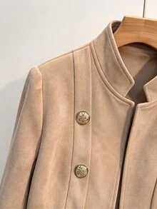 SHEIN Franclia 女款素色時尚百搭長袖夾克 米色 辦公通勤 秋季優雅 - 棕色 - 查看 4