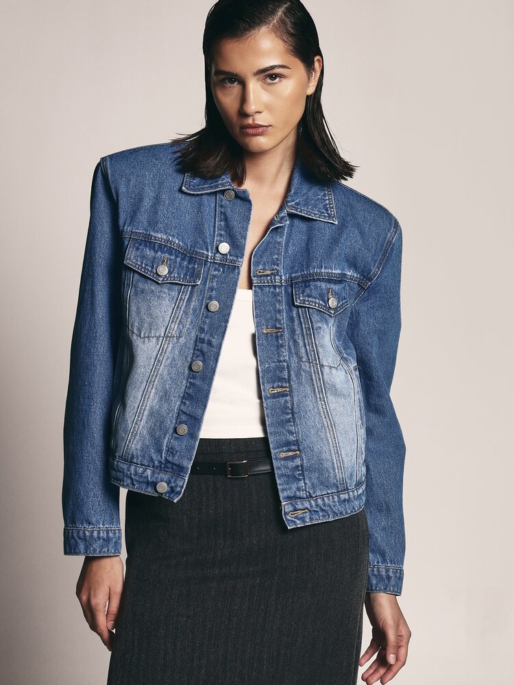 KSTM Classic Trucker Denim Jacket With Button Closure Chest Pockets Elastic Hem Lapel Collar Hip Length Regular Fit Fall Winter Layering Essential - Medium Wash - View 6
