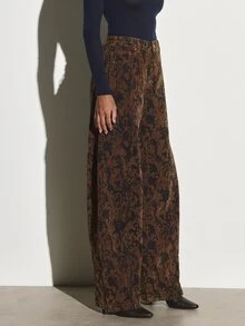 KSTM Wide Leg High Rise Abstract Print Velvet Trousers Full Length Palazzo Style Fall Winter Statement Pants - Multicolor - View 4