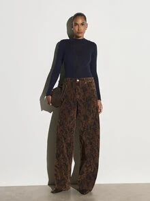 KSTM Wide Leg High Rise Abstract Print Velvet Trousers Full Length Palazzo Style Fall Winter Statement Pants - Multicolor - View 2