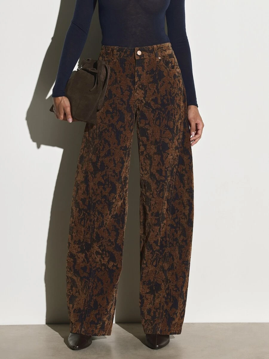 KSTM Wide Leg High Rise Abstract Print Velvet Trousers Full Length Palazzo Style Fall Winter Statement Pants - Multicolor - View 1
